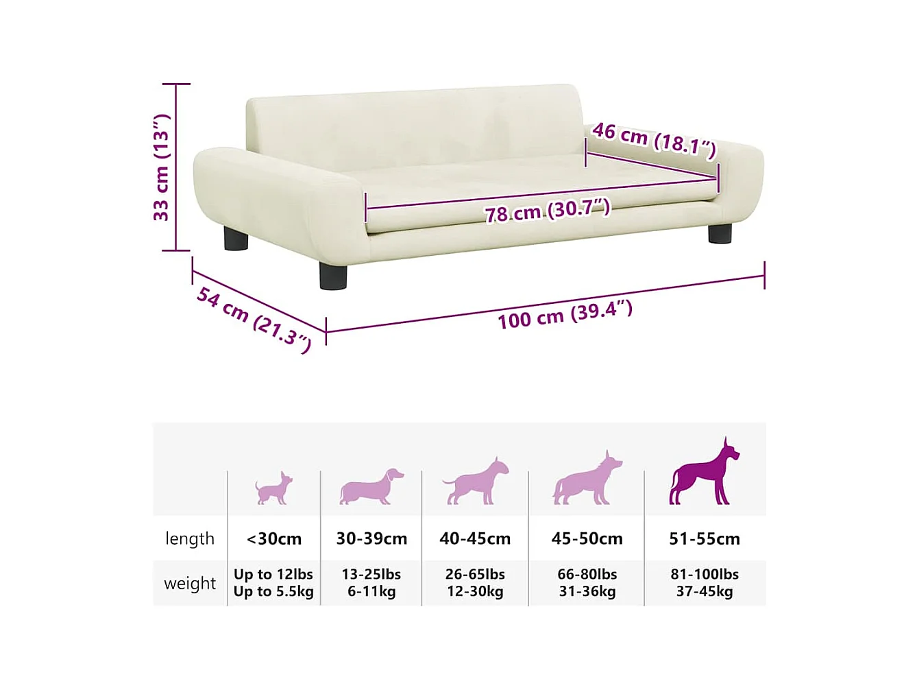 Cama para perros de terciopelo crema 100x54x33 cm