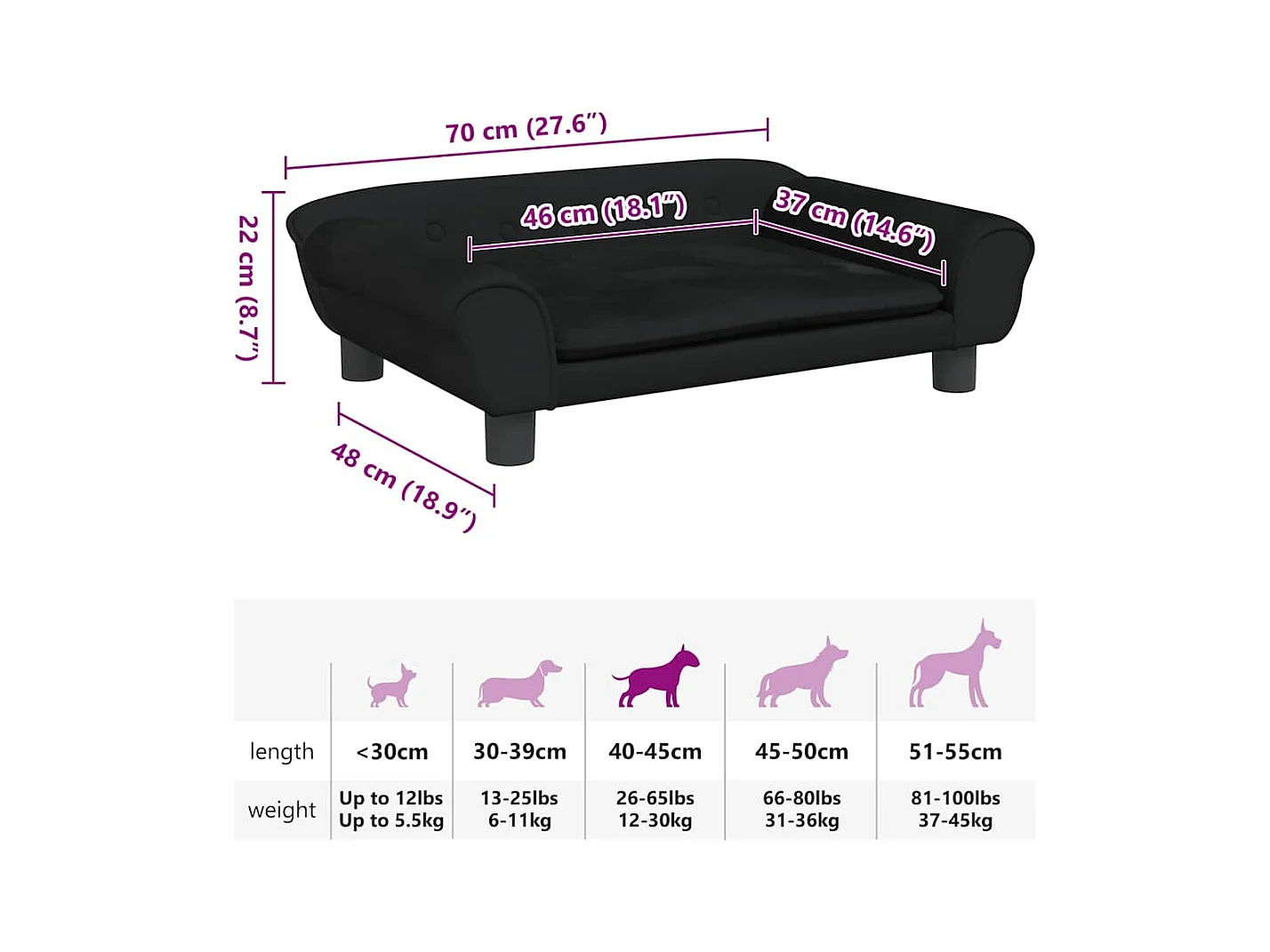 Cama para perros de terciopelo negra 70x48x22 cm