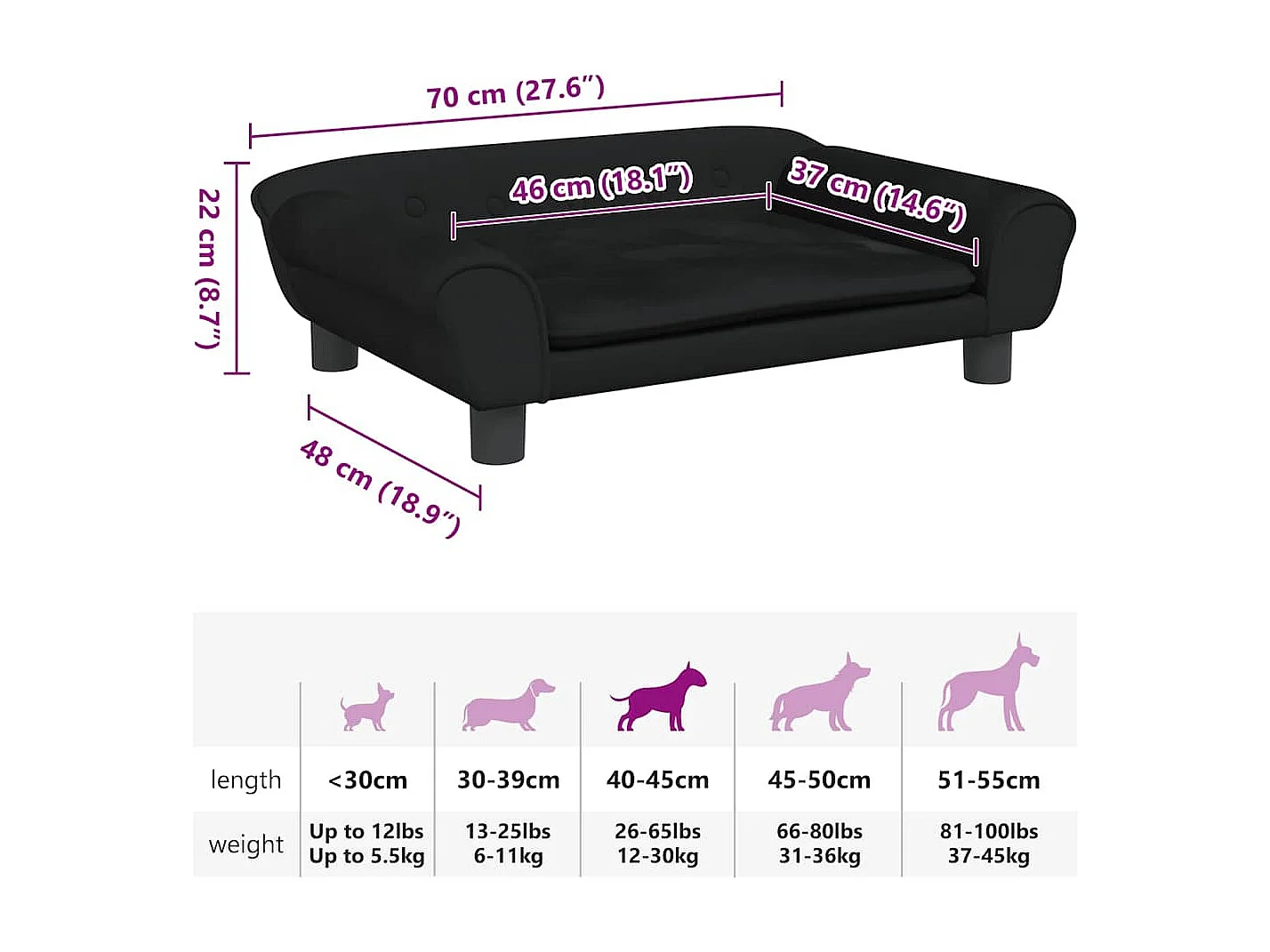 Lit pour chien noir 70x48x22 cm velours