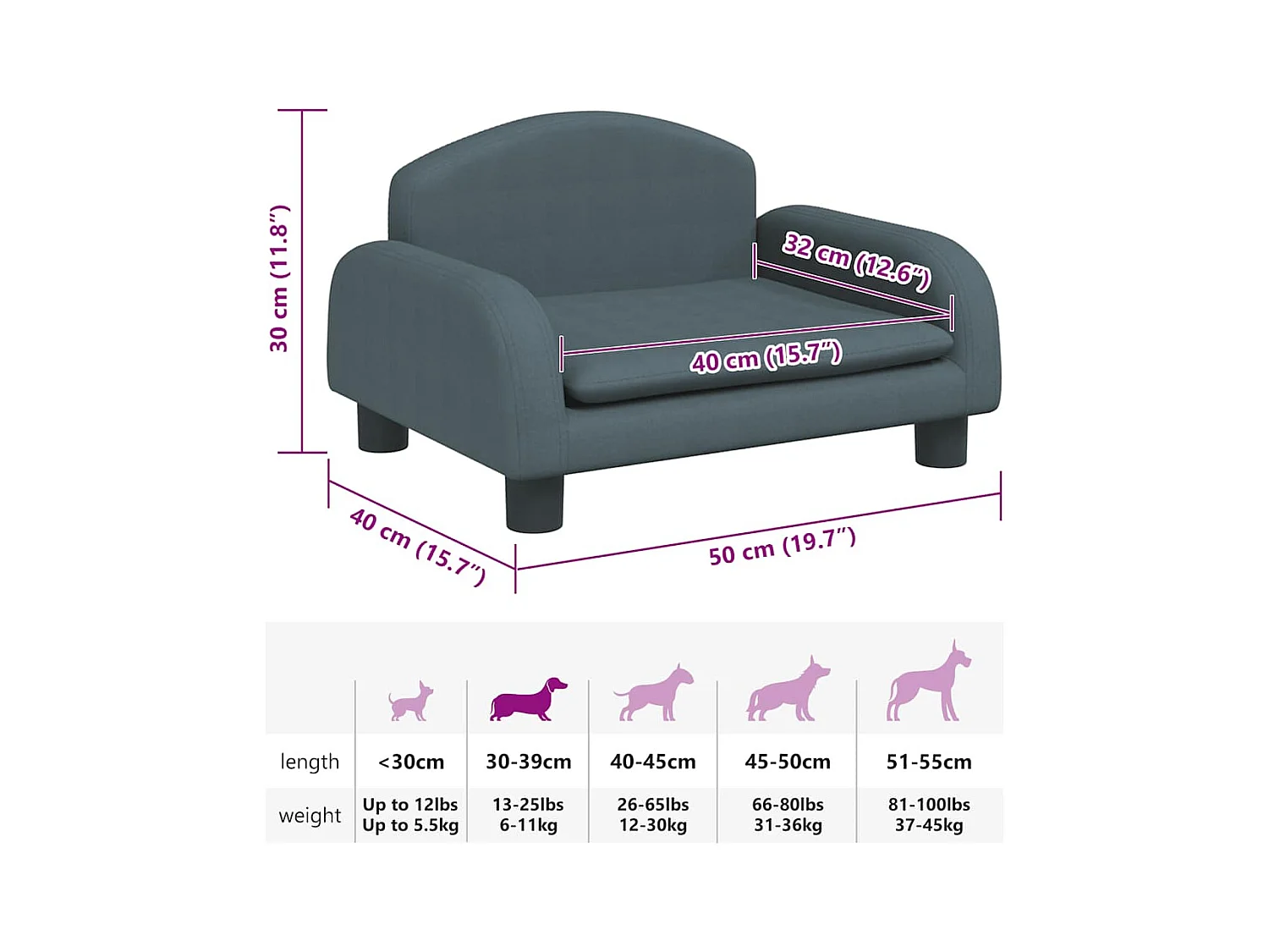 Cama para perros de tela gris oscuro 50x40x30 cm