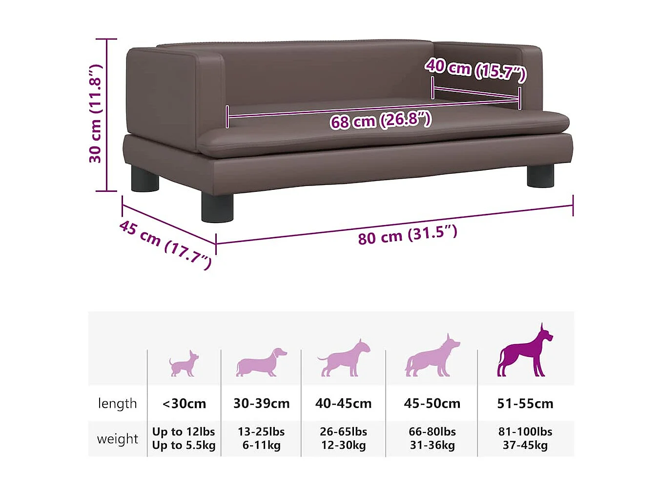Cama para perros de cuero sintético marrón 80x45x30 cm