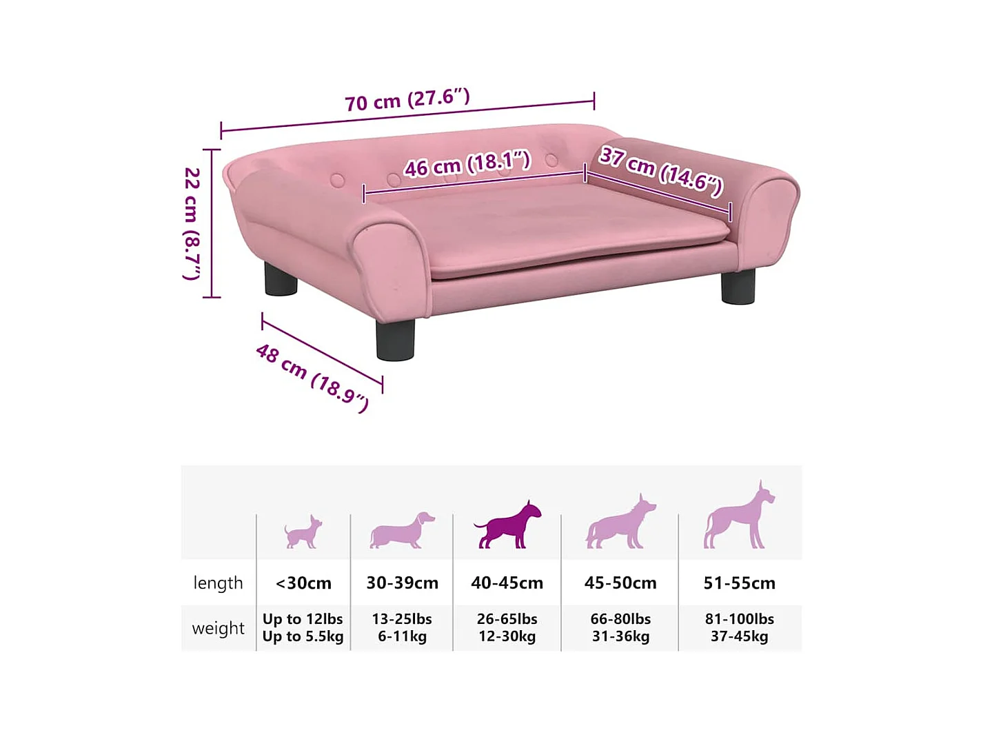 Cama para perros de terciopelo rosa 70x48x22 cm