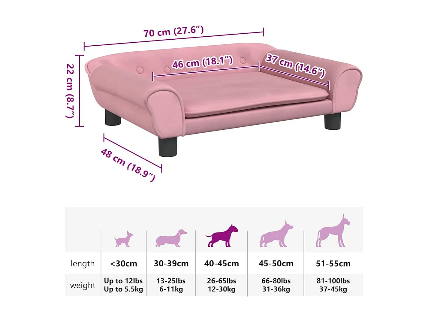 Lit pour chien rose 70x48x22 cm velours