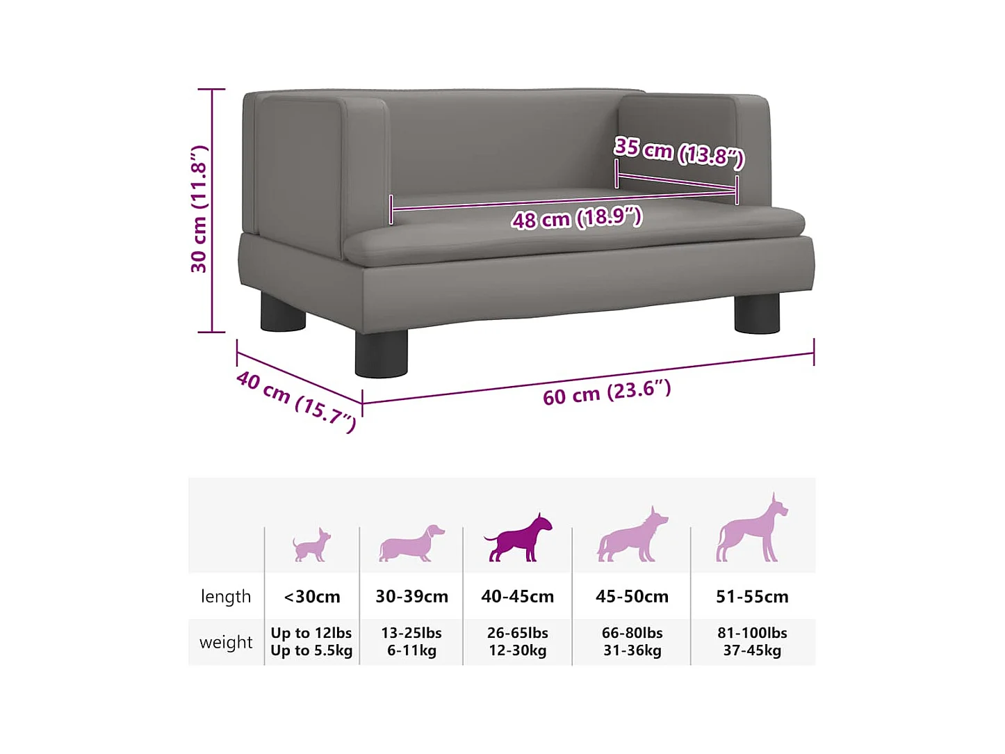 Cama para cães 60x40x30 cm couro artificial cinzento