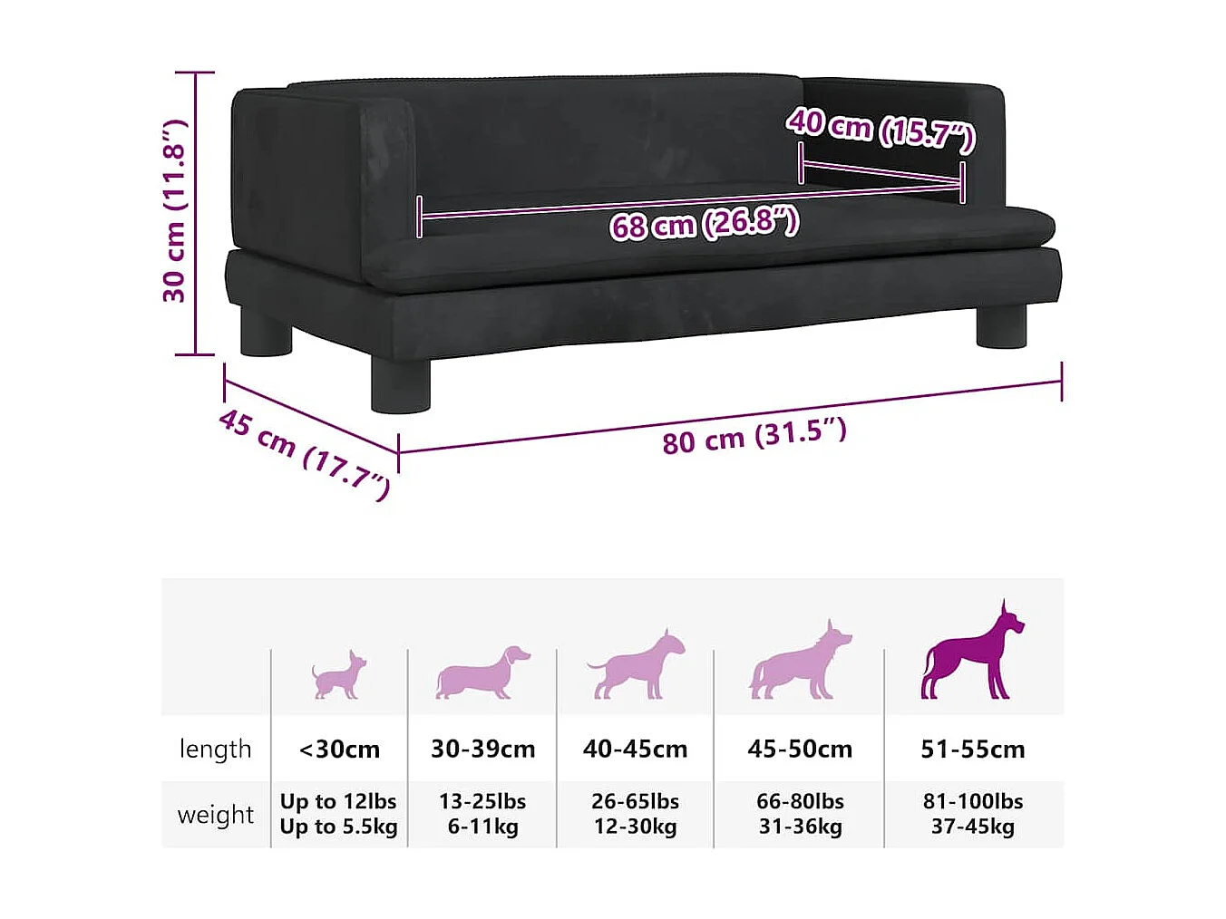 Lit pour chien noir 80x45x30 cm velours