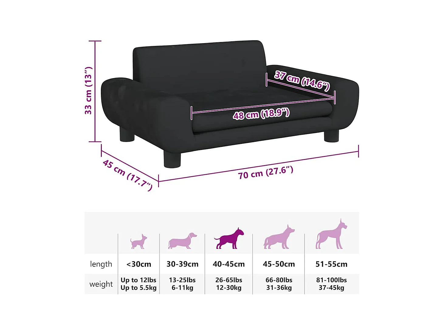 Cama para cães 70x45x33 cm veludo preto