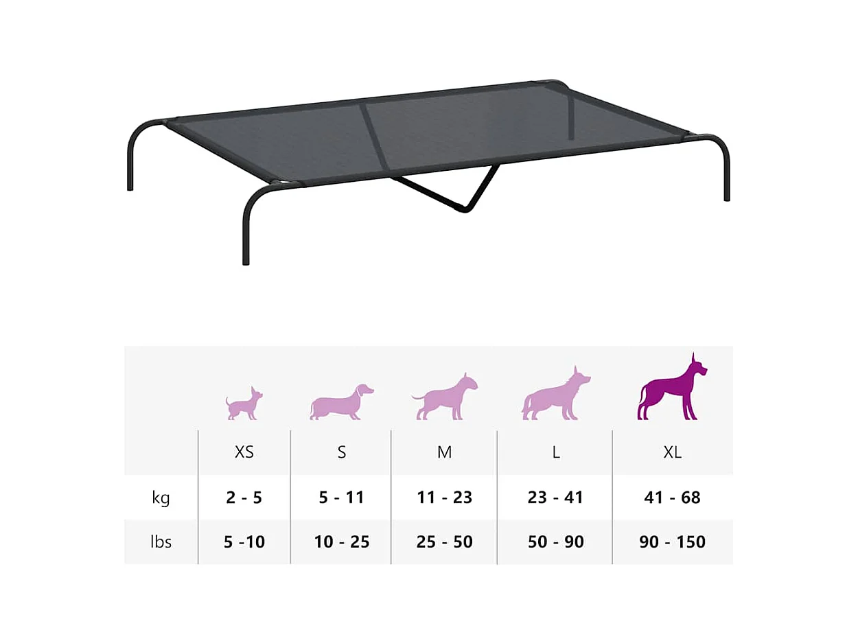 Lit surélevé pour chien noir 150x90x20 cm textilène et acier