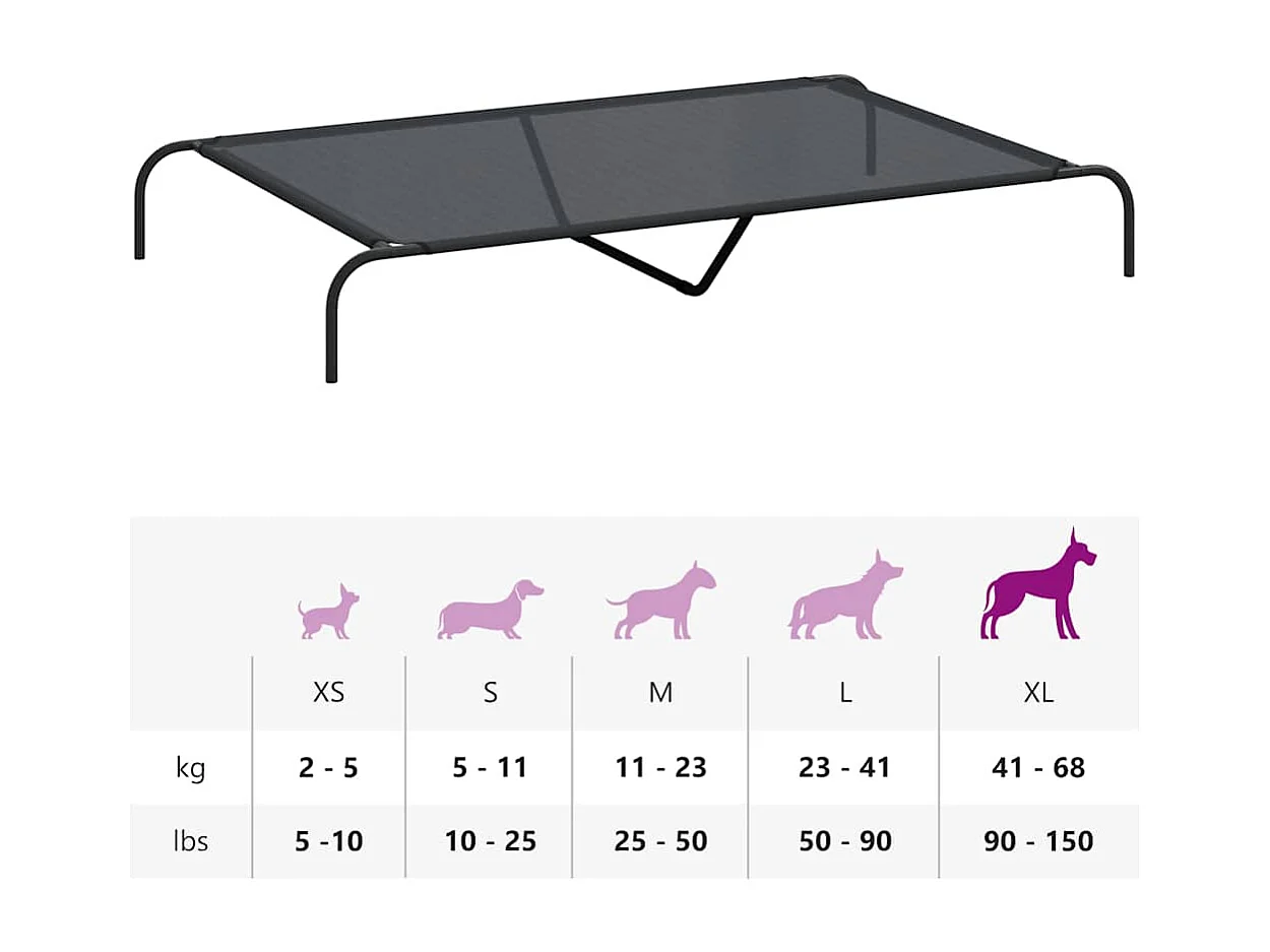 Cama elevada para perros  negra 150x90x20 cm textilene y acero