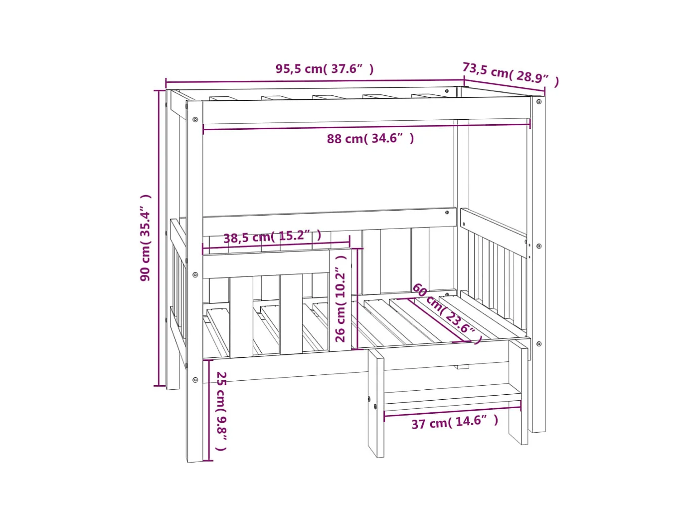 Cama para cães 95,5x73,5x90 cm madeira de pinho maciça branco