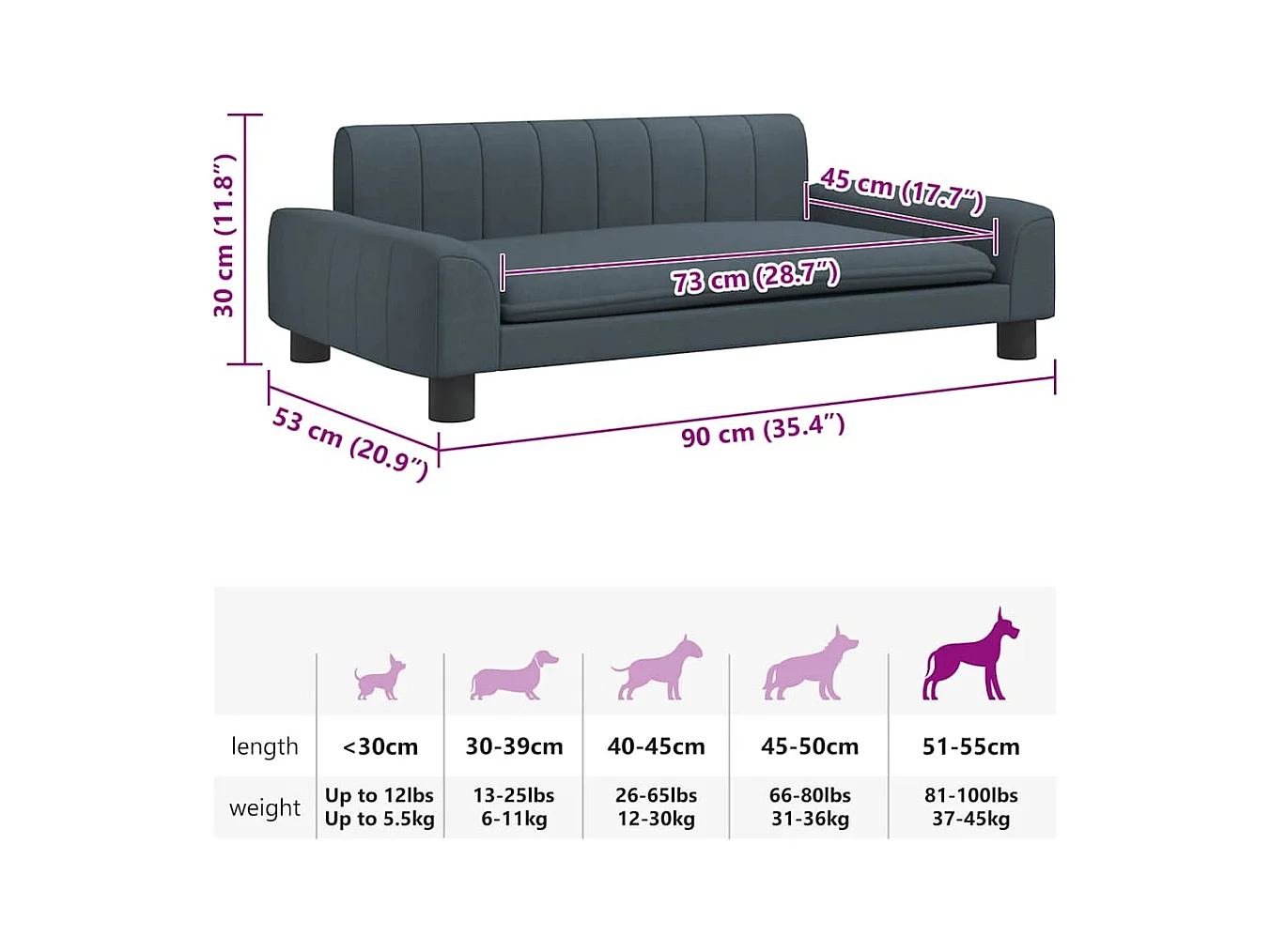Cama para perros de tela gris oscuro 90x53x30 cm