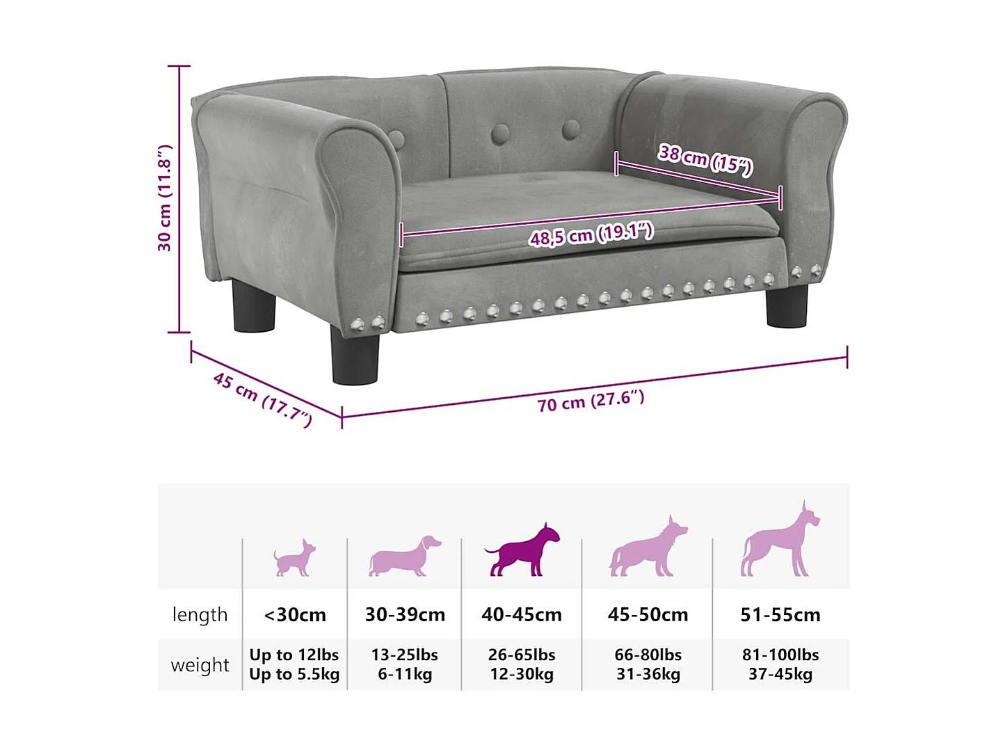 Cama para cães 70x45x30 cm veludo cinzento-claro