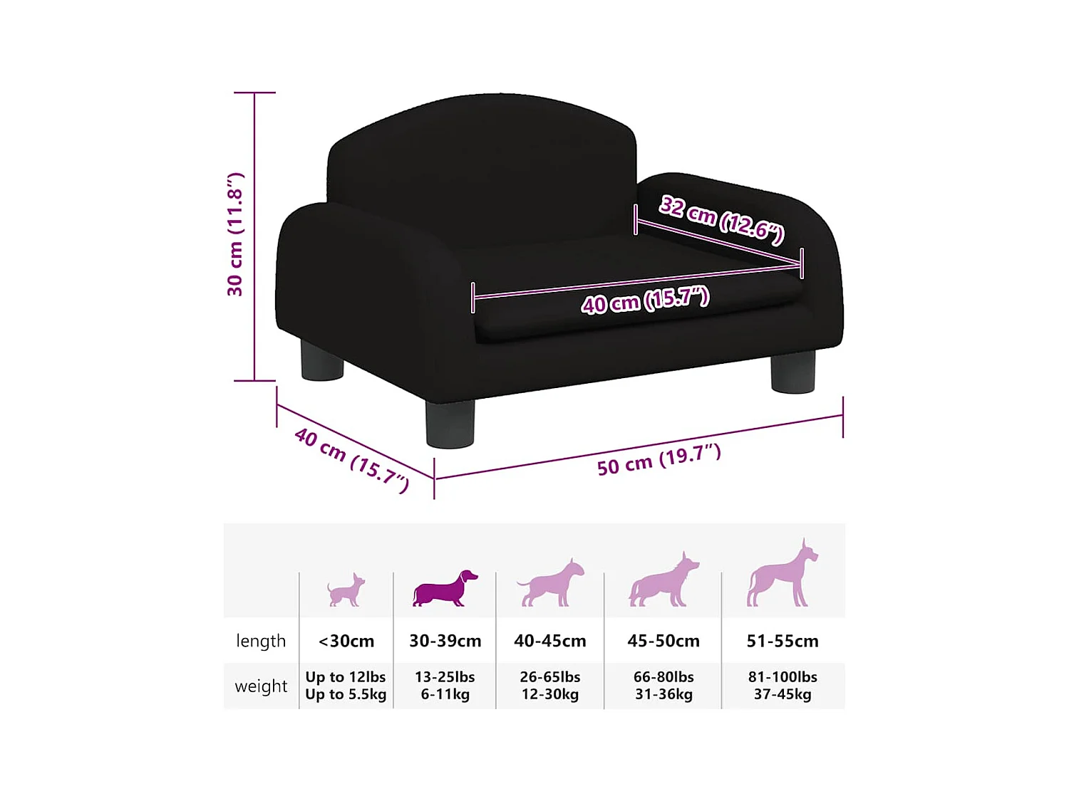 Cama para perros de tela negra 50x40x30 cm