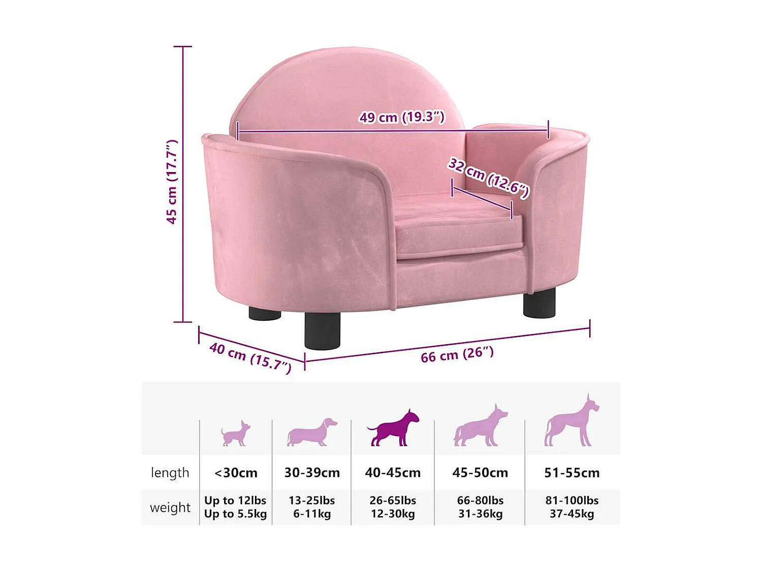 Cama para perros de terciopelo rosa 66x40x45 cm