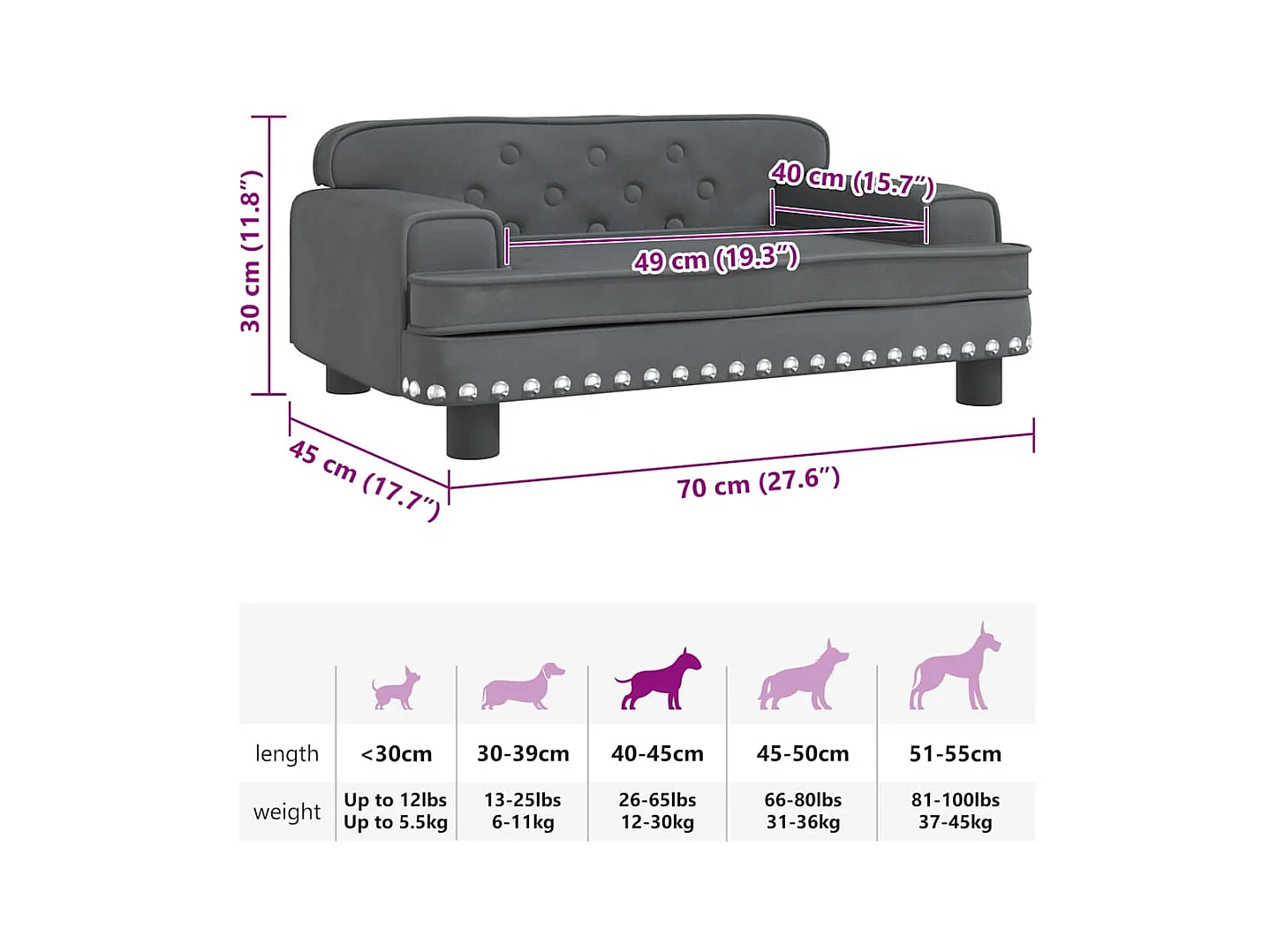 Cama para cães 70x45x30 cm veludo cinzento-escuro