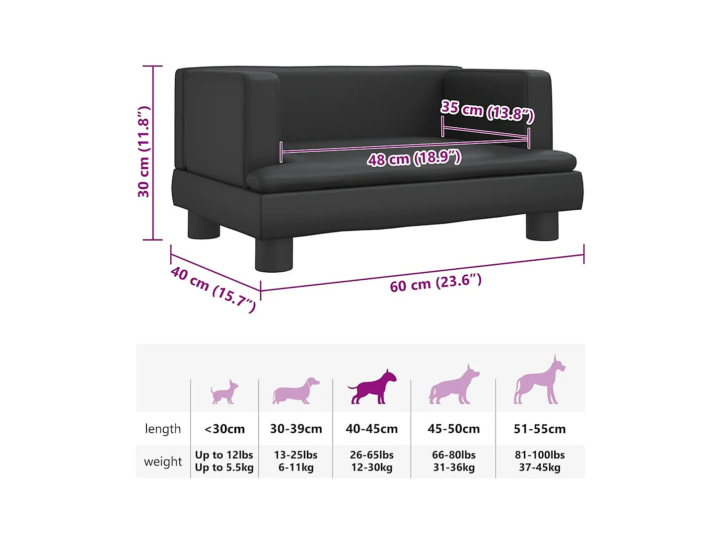 Cama para cães 60x40x30 cm couro artificial preto