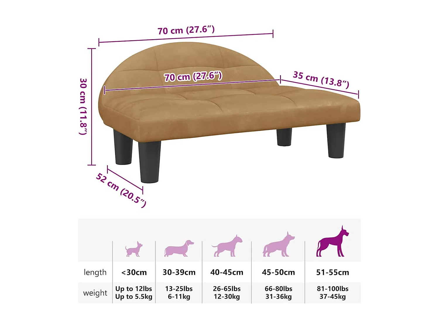 Lit pour chien marron 70x52x30 cm velours