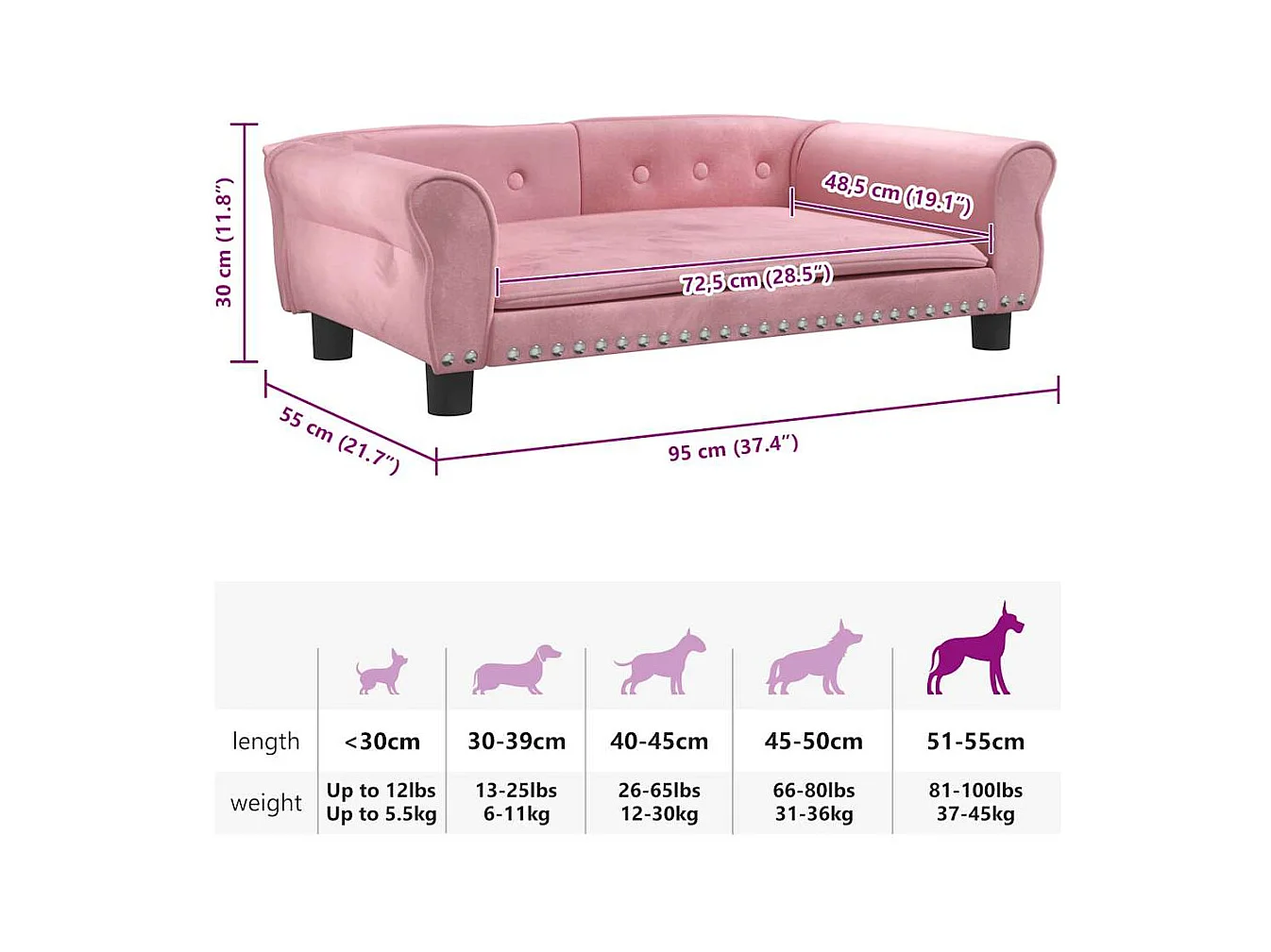 Cama para perros de terciopelo rosa 95x55x30 cm