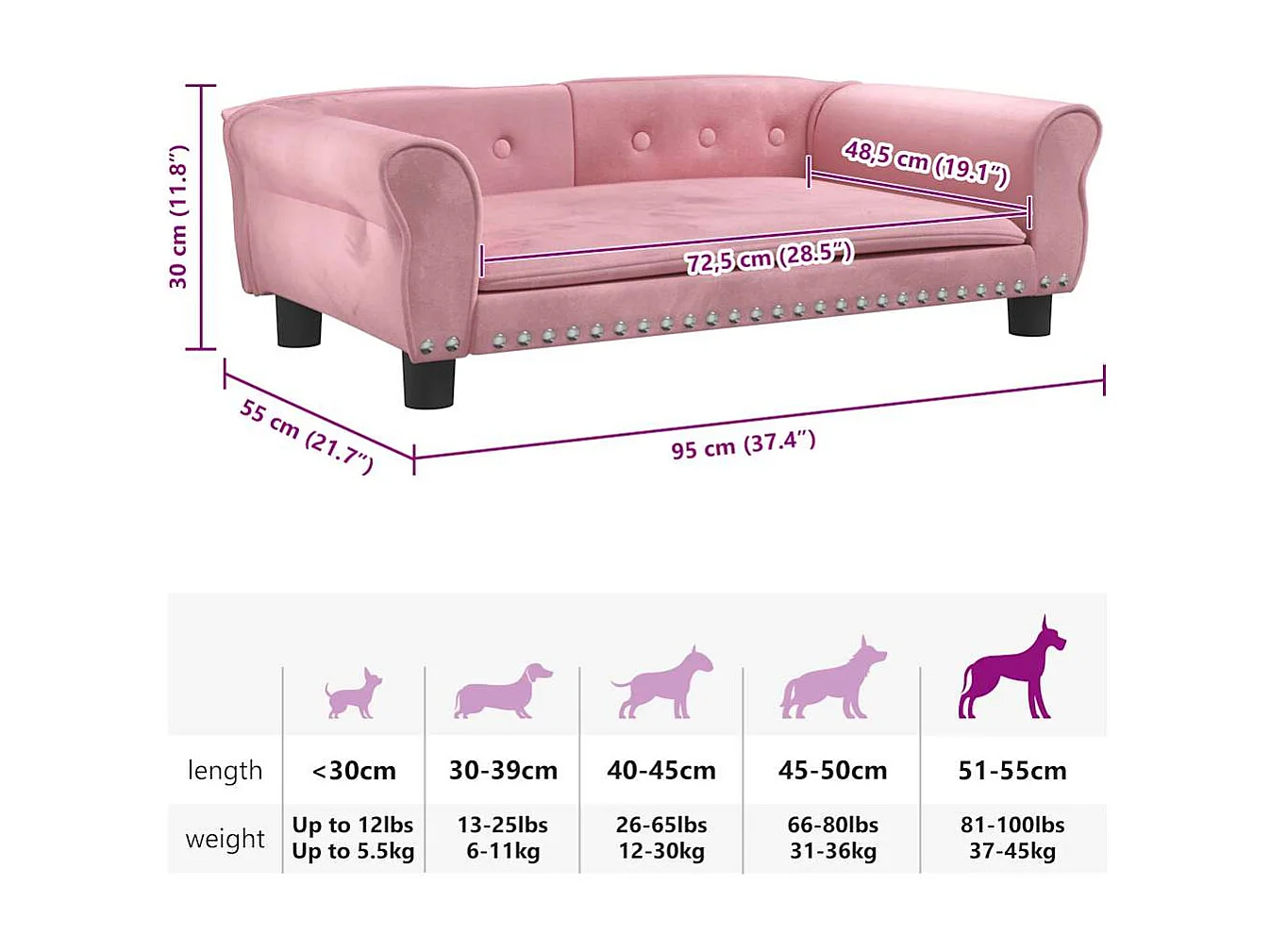 Lit pour chien rose 95x55x30 cm velours