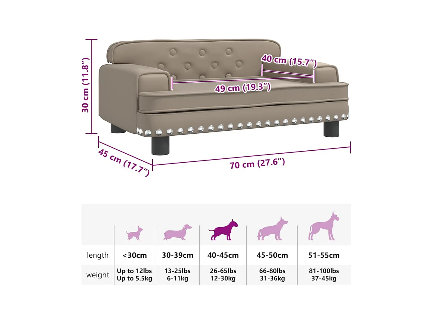Cama para perros de cuero sintético color capuchino 70x45x30 cm