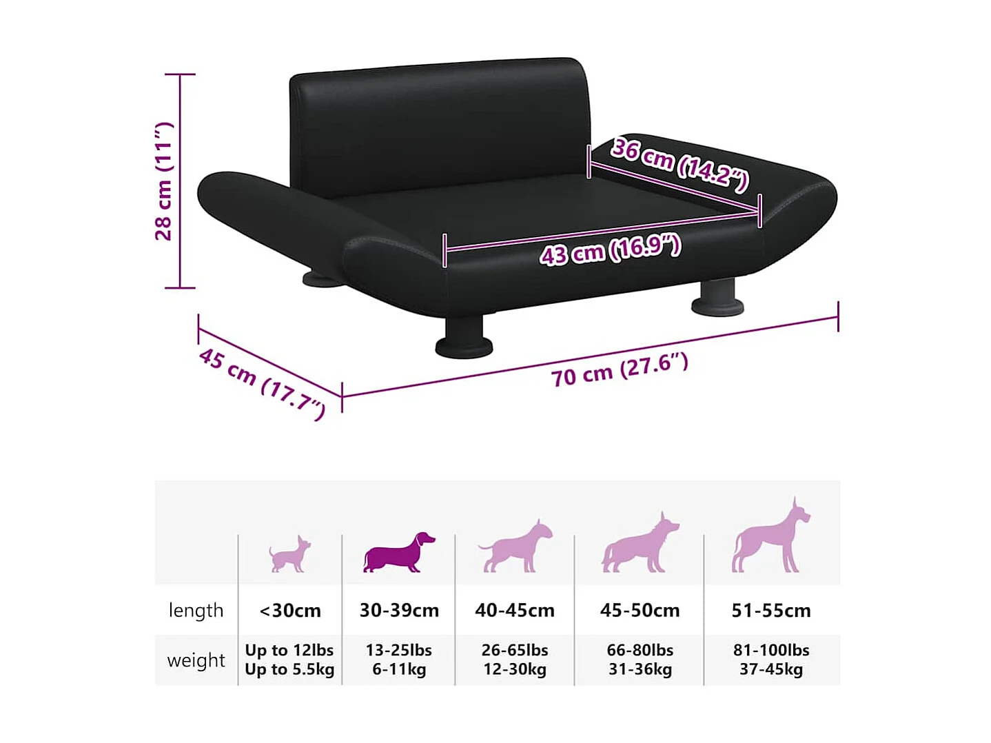 Lit pour chien noir 70x45x28 cm similicuir