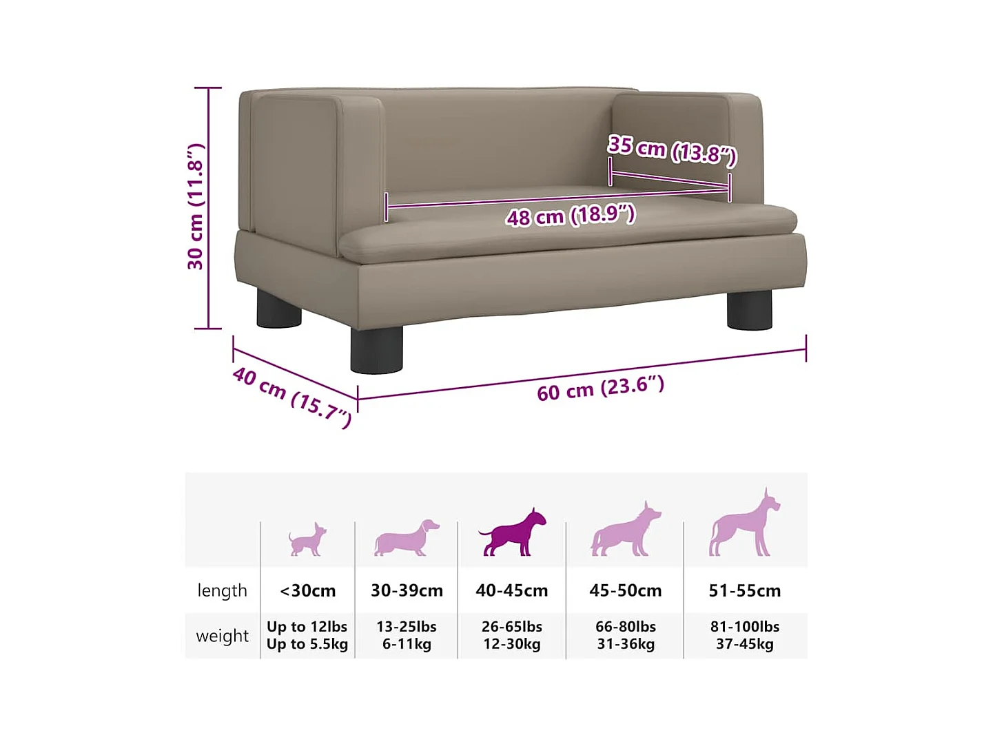 Cama para perros de cuero sintético color capuchino 60x40x30 cm