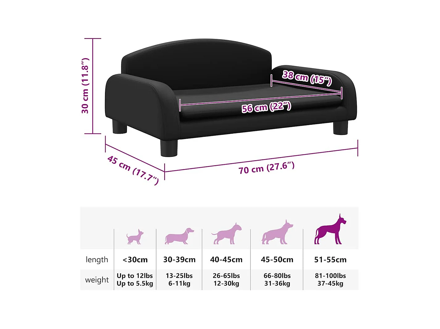 Cama para perros de cuero sintético negra 70x45x30 cm