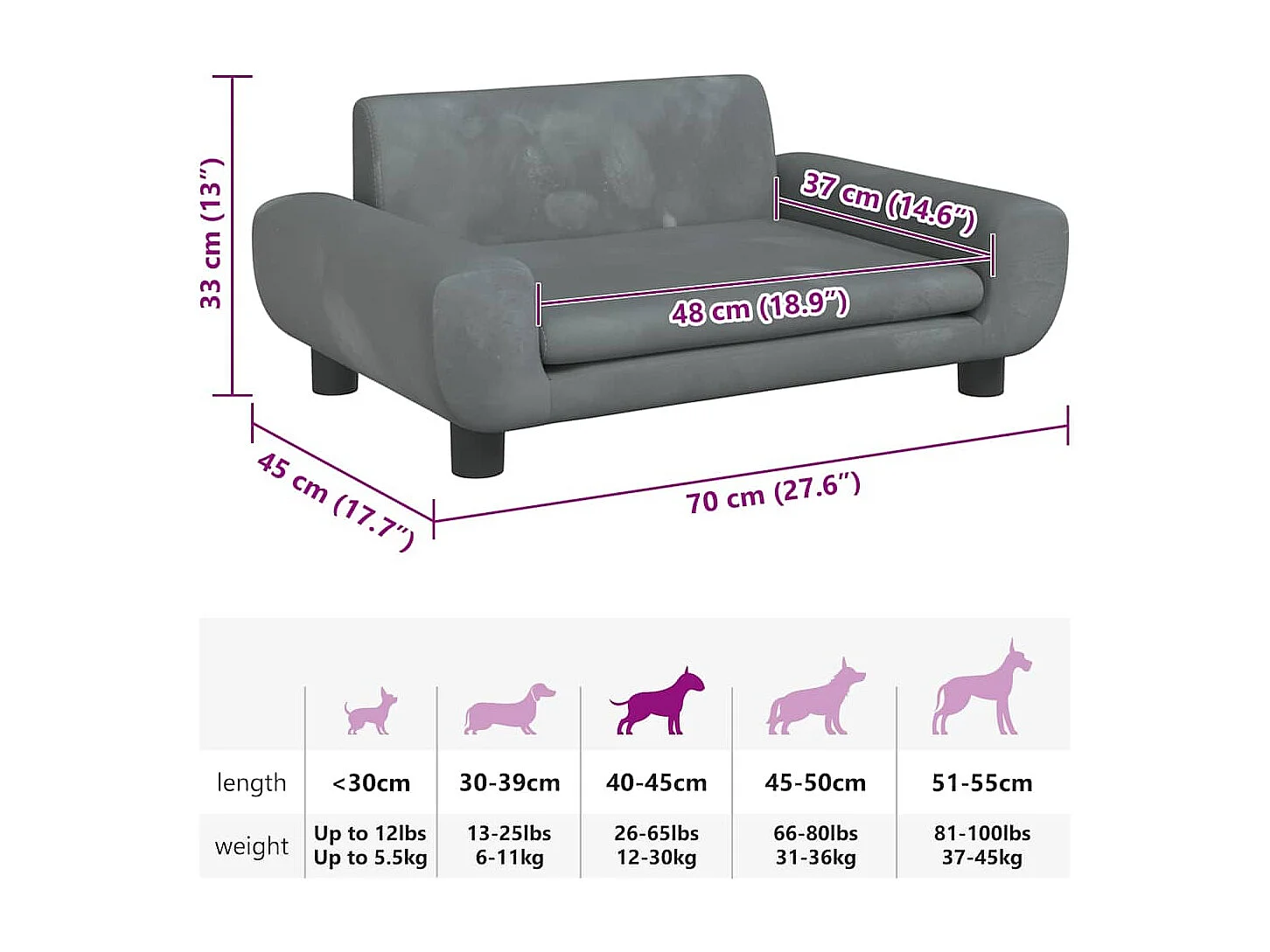 Cama para cães 70x45x33 cm veludo cinzento-escuro