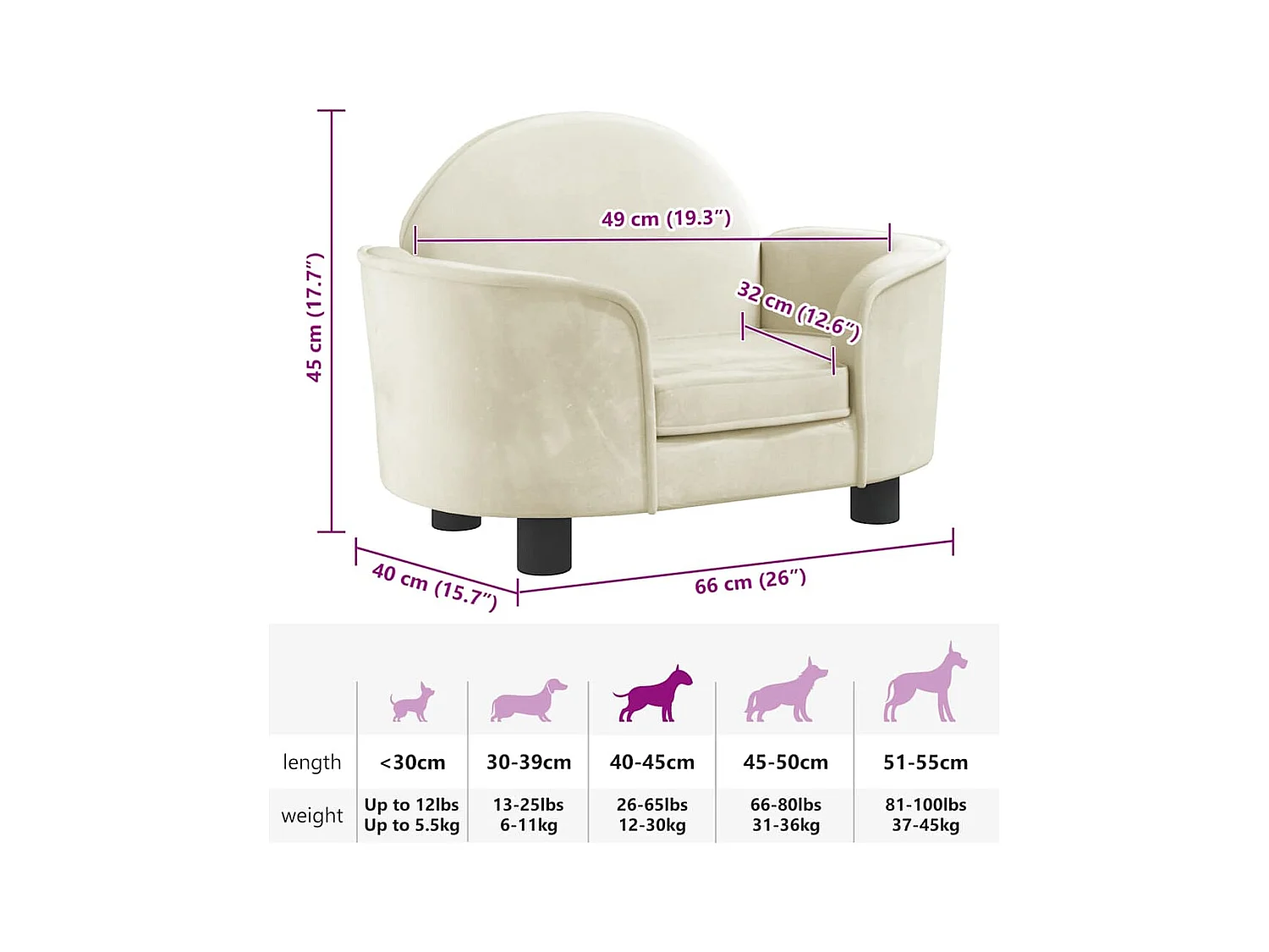 Cama para perros de terciopelo crema 66x40x45 cm