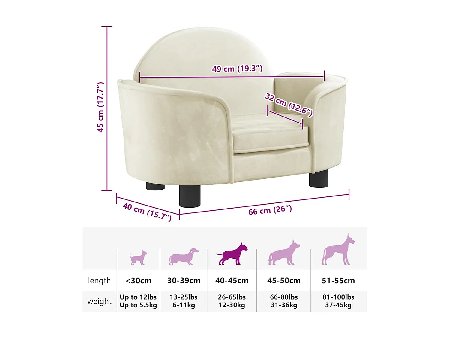 Cama para cães 66x40x45 cm veludo cor creme