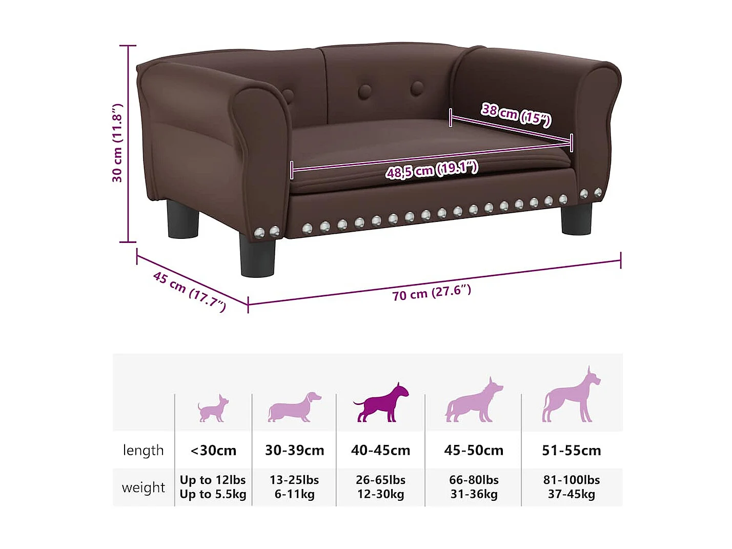 Lit pour chien marron 70x45x30 cm similicuir