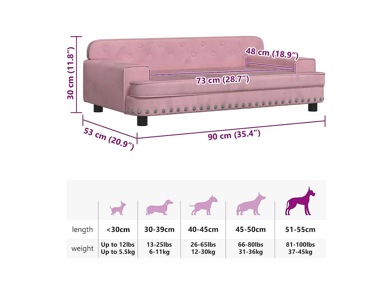 Cama para perros de terciopelo rosa 90x53x30 cm