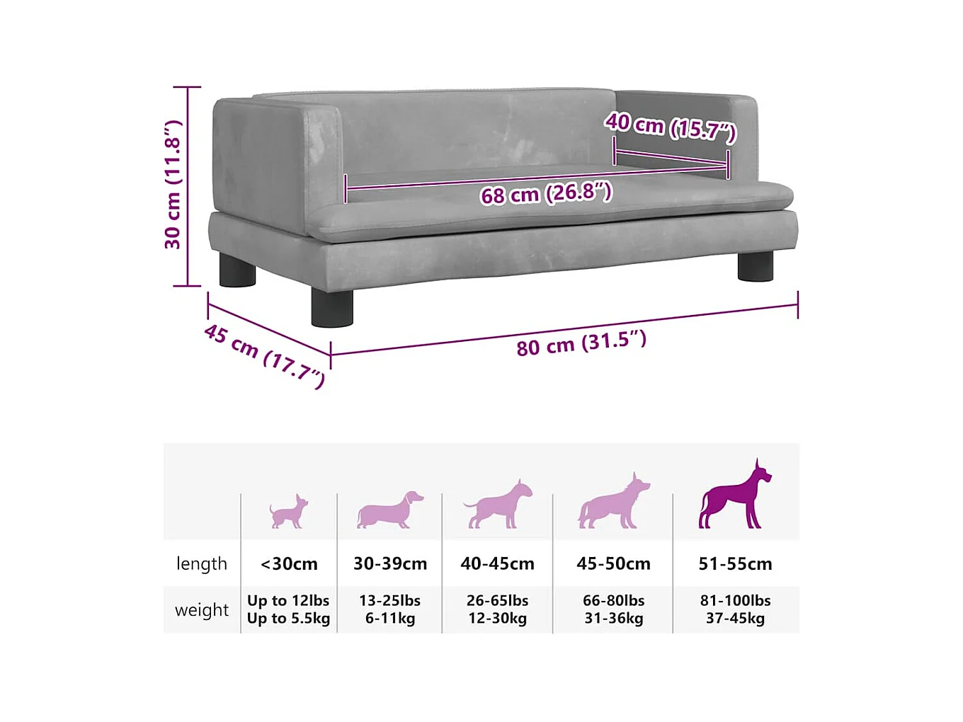 Cama para perros de terciopelo gris claro 80x45x30 cm