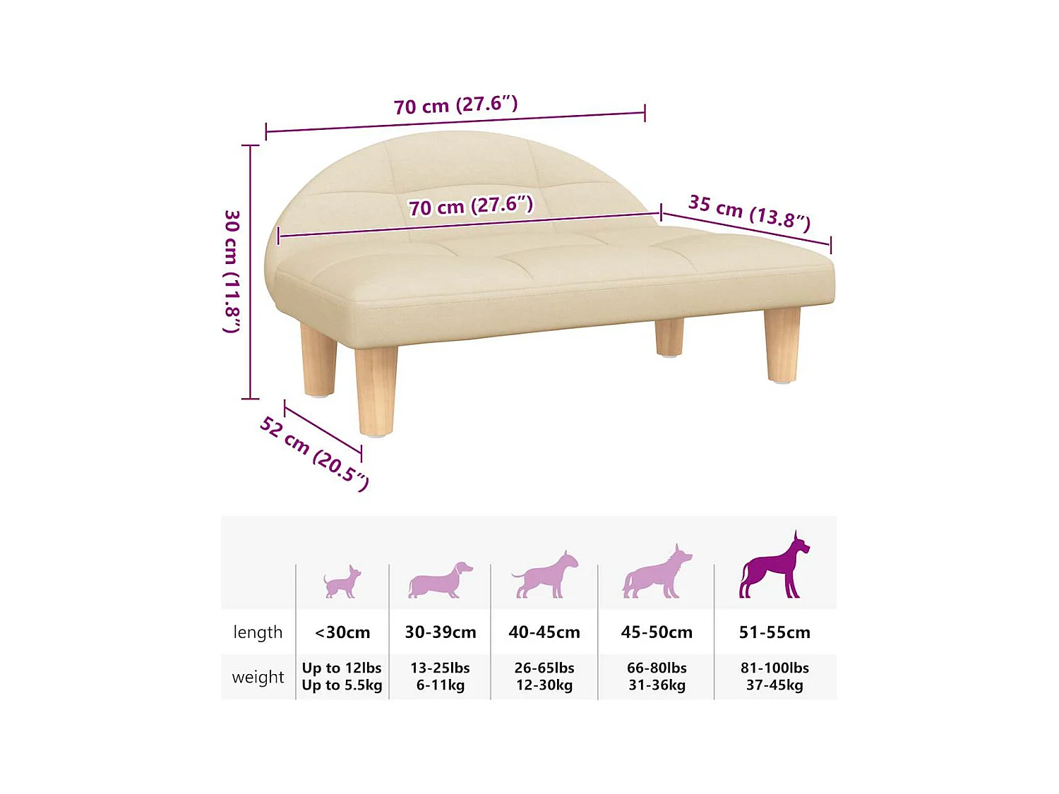 Cama para perros de tela crema 70x52x30 cm