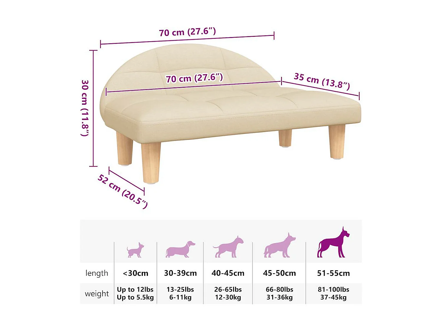 Lit pour chien crème 70x52x30 cm tissu