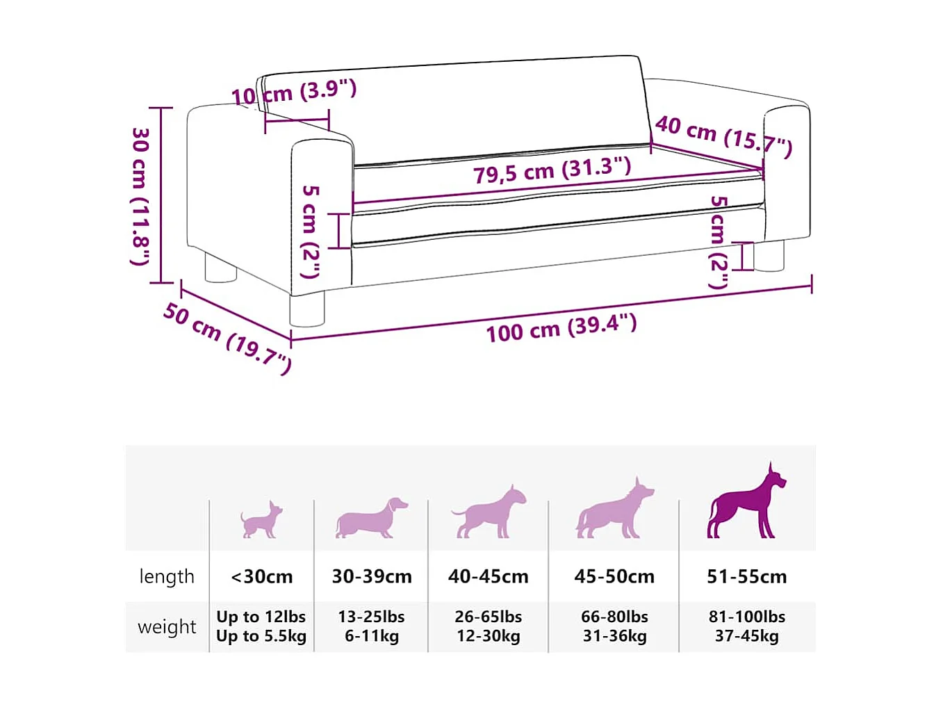 Cama para cães com extensão 100x50x30 cm veludo cinzento-escuro