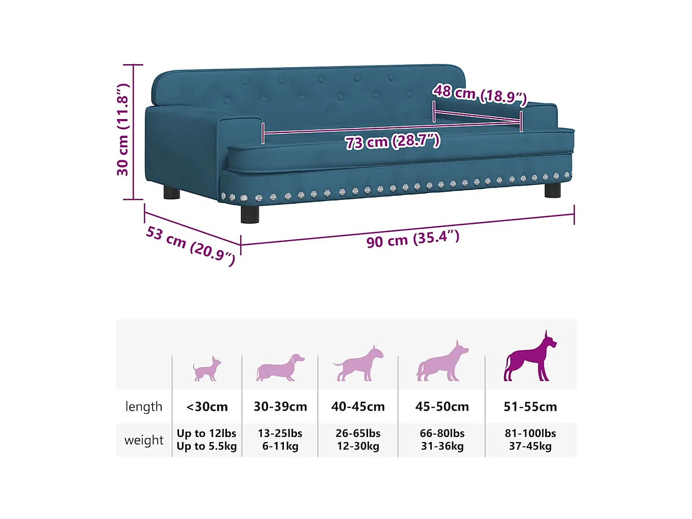Cama para perros de terciopelo azul 90x53x30 cm