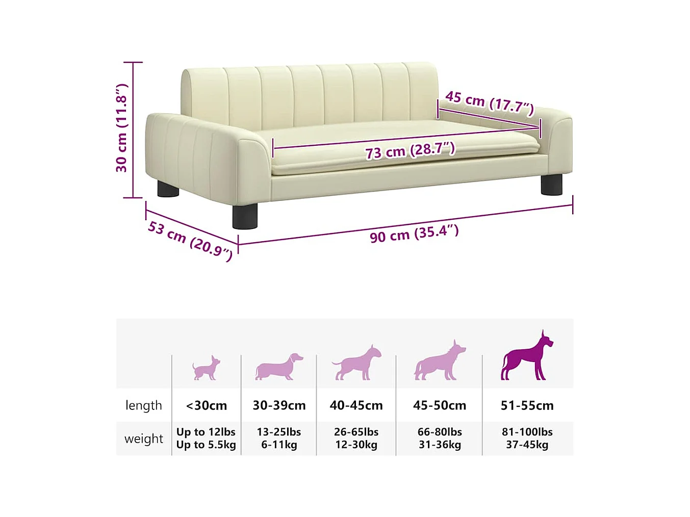 Cama para perros de cuero sintético crema 90x53x30 cm