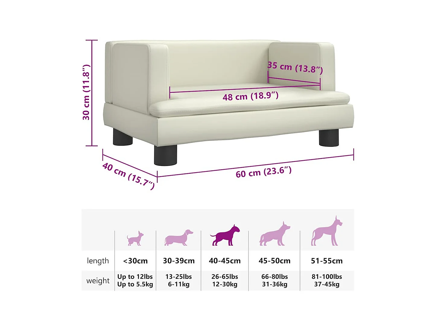 Cama para cães 60x40x30 cm couro artificial cor creme