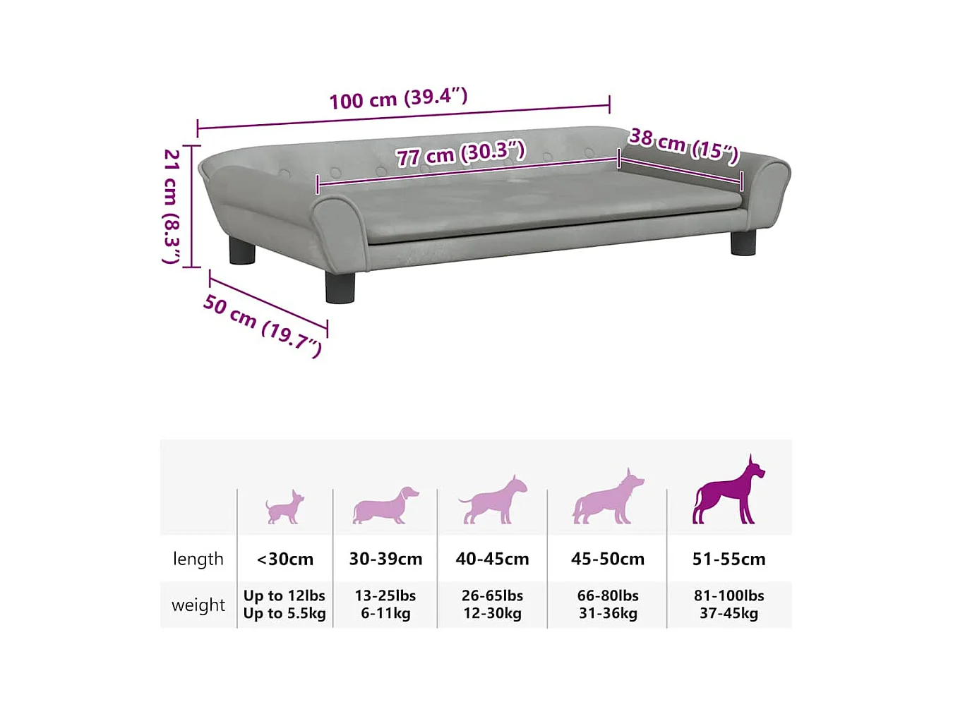 Cama para perros de terciopelo gris claro 100x50x21 cm