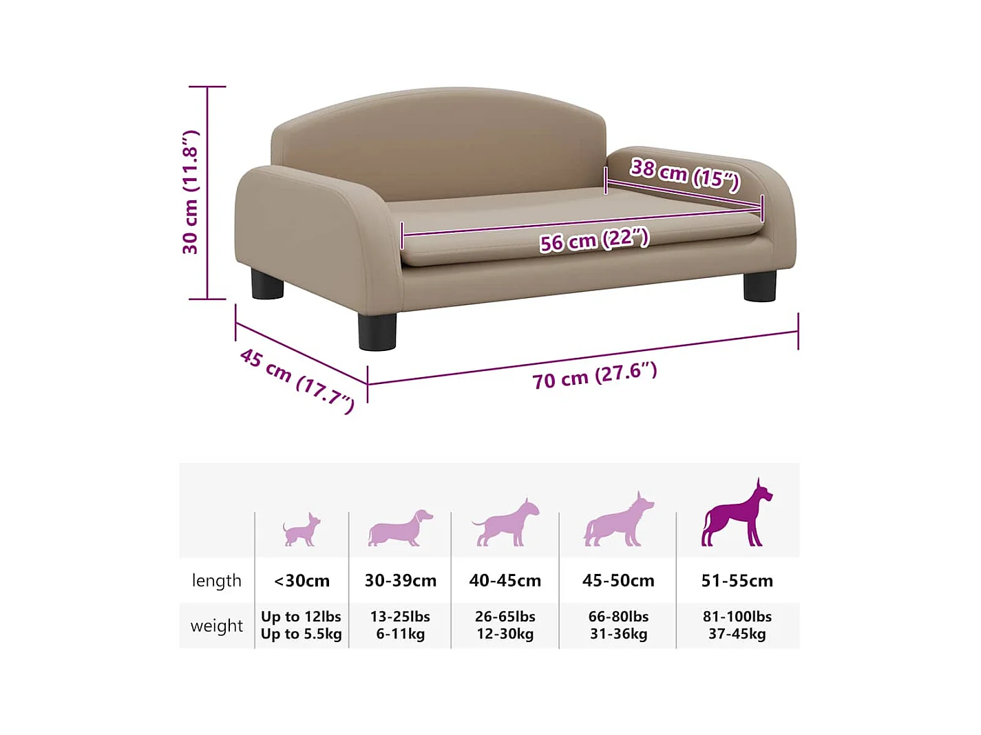 Cama para perros de cuero sintético color capuchino 70x45x30 cm