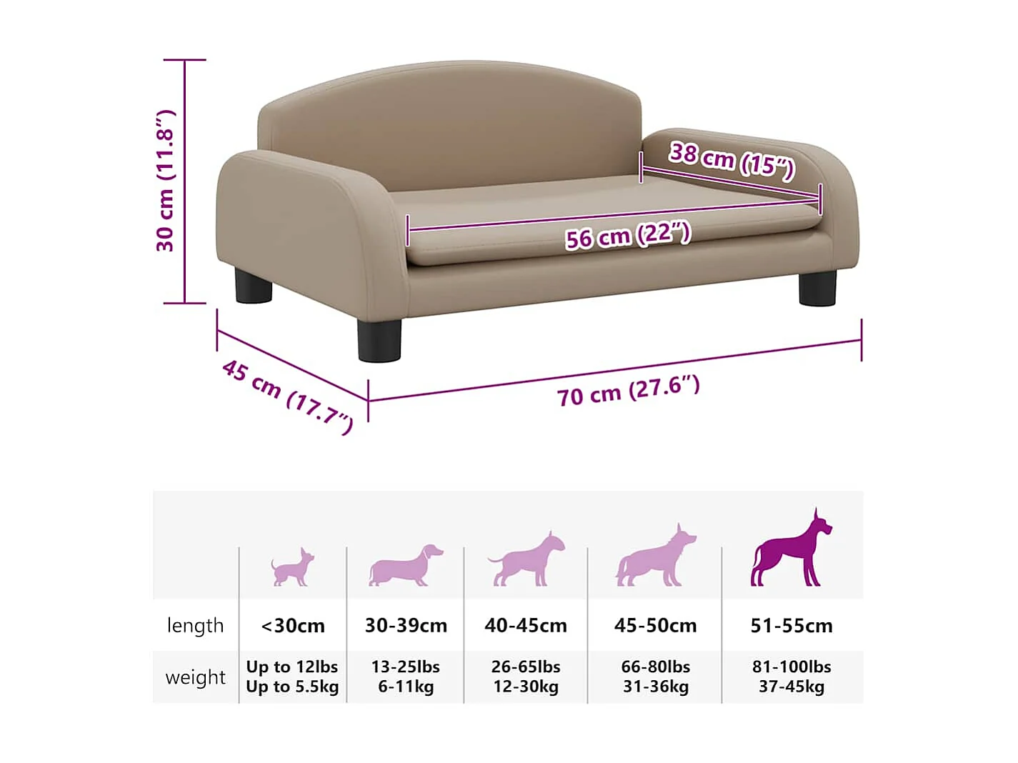 Lit pour chien cappuccino 70x45x30 cm similicuir