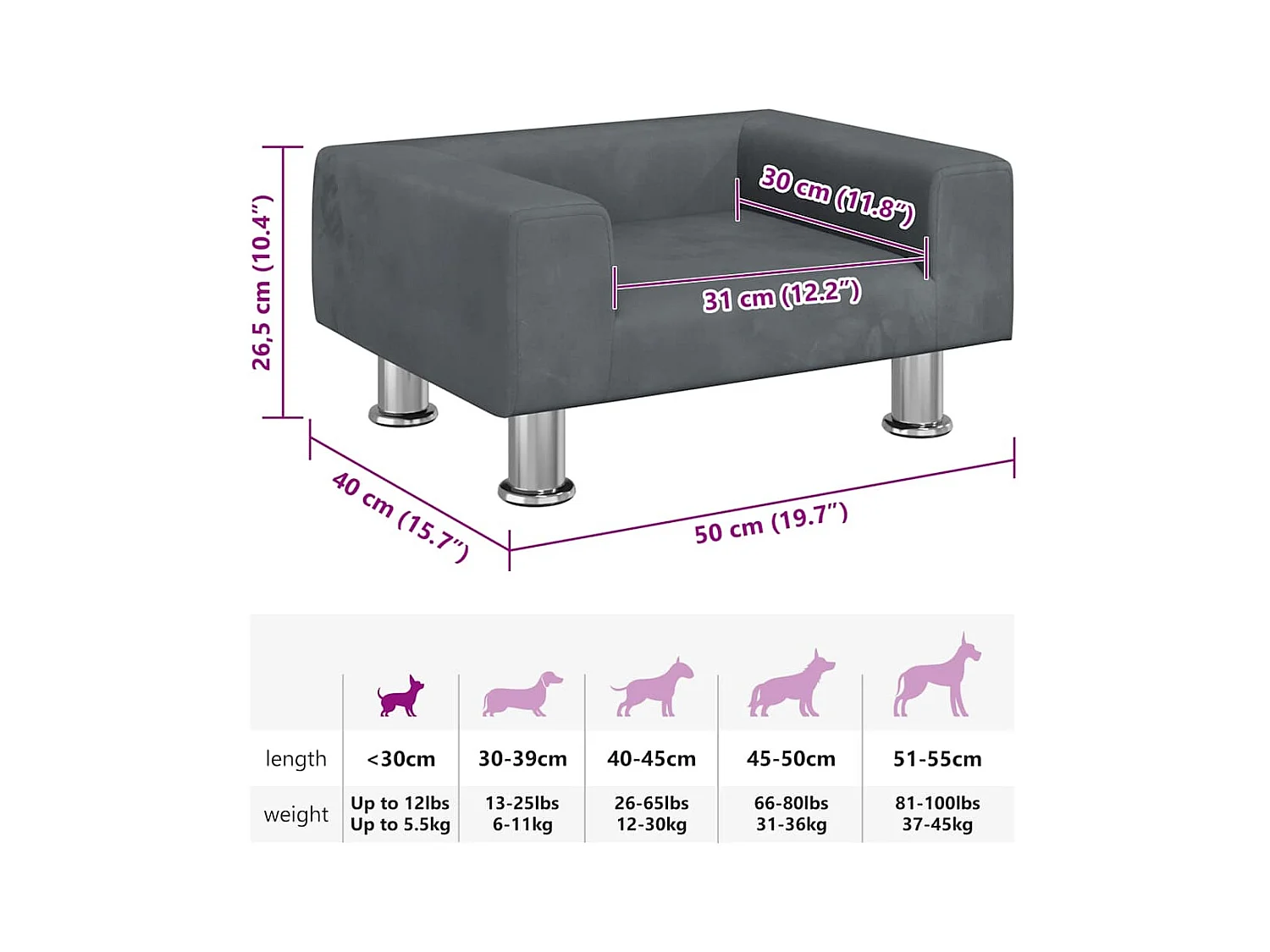 Cama para perros de terciopelo gris oscuro 50x40x26,5 cm