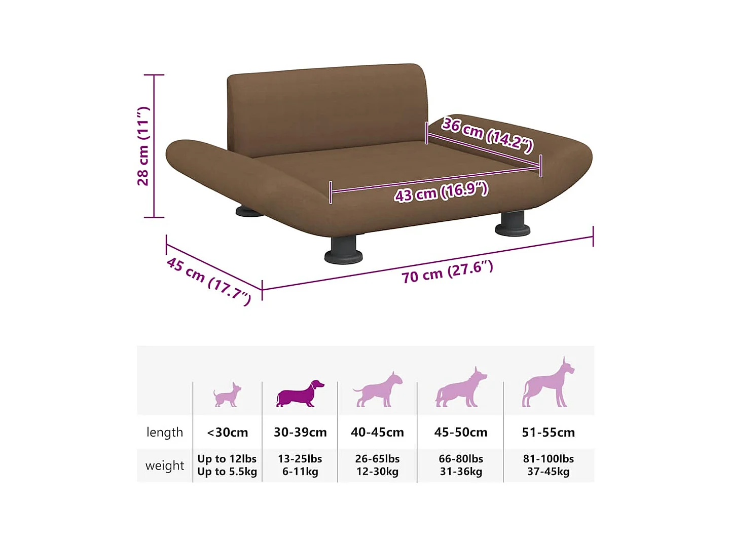 Lit pour chien marron 70x45x28 cm tissu