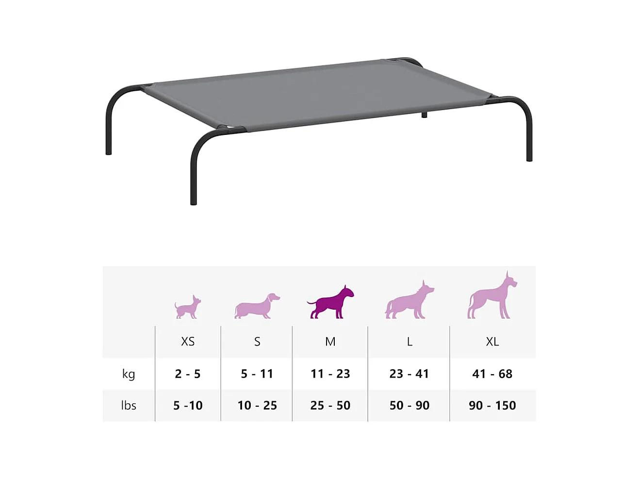 Cama para cães elevada 110x65x20cm tecido oxford e aço cinzento