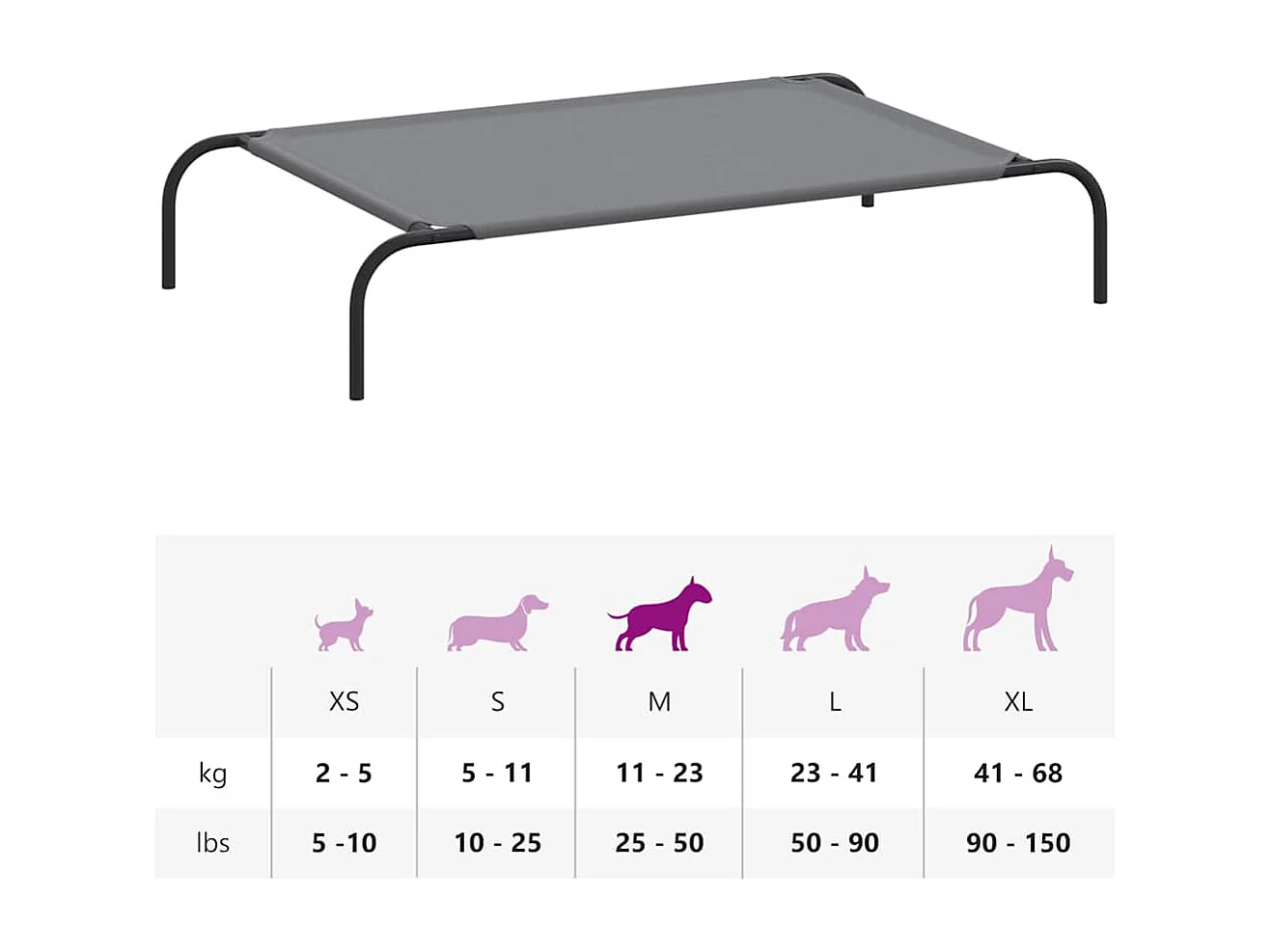 Cama para cães elevada 110x65x20cm tecido oxford e aço cinzento