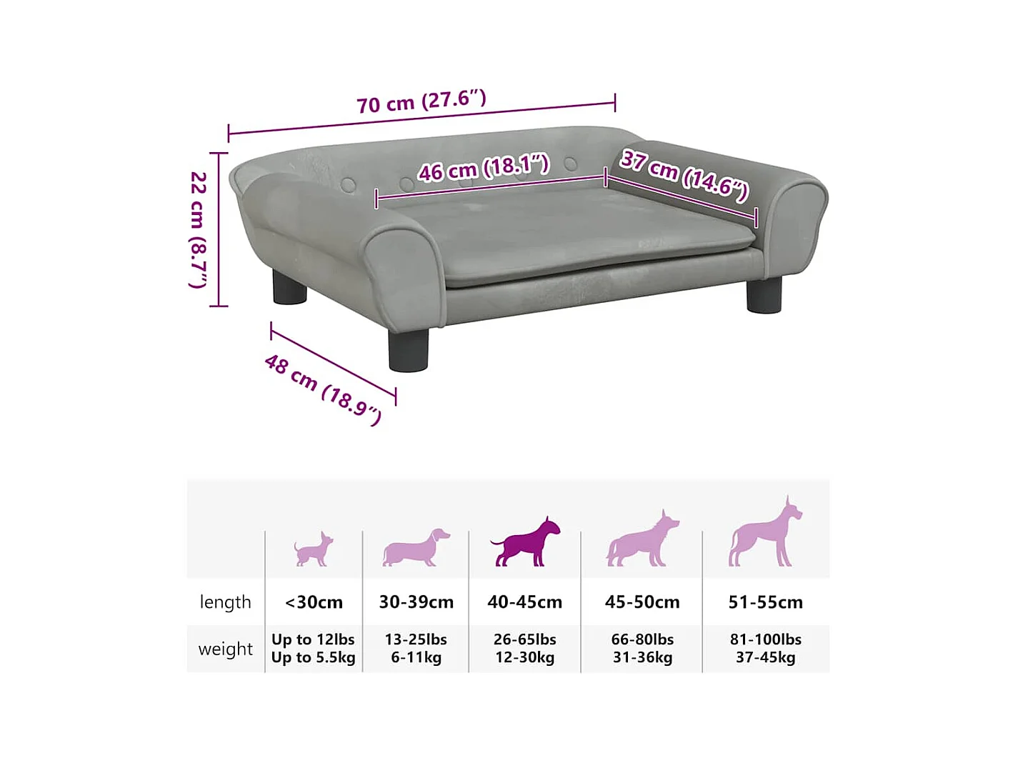 Cama para perros de terciopelo gris claro 70x48x22 cm