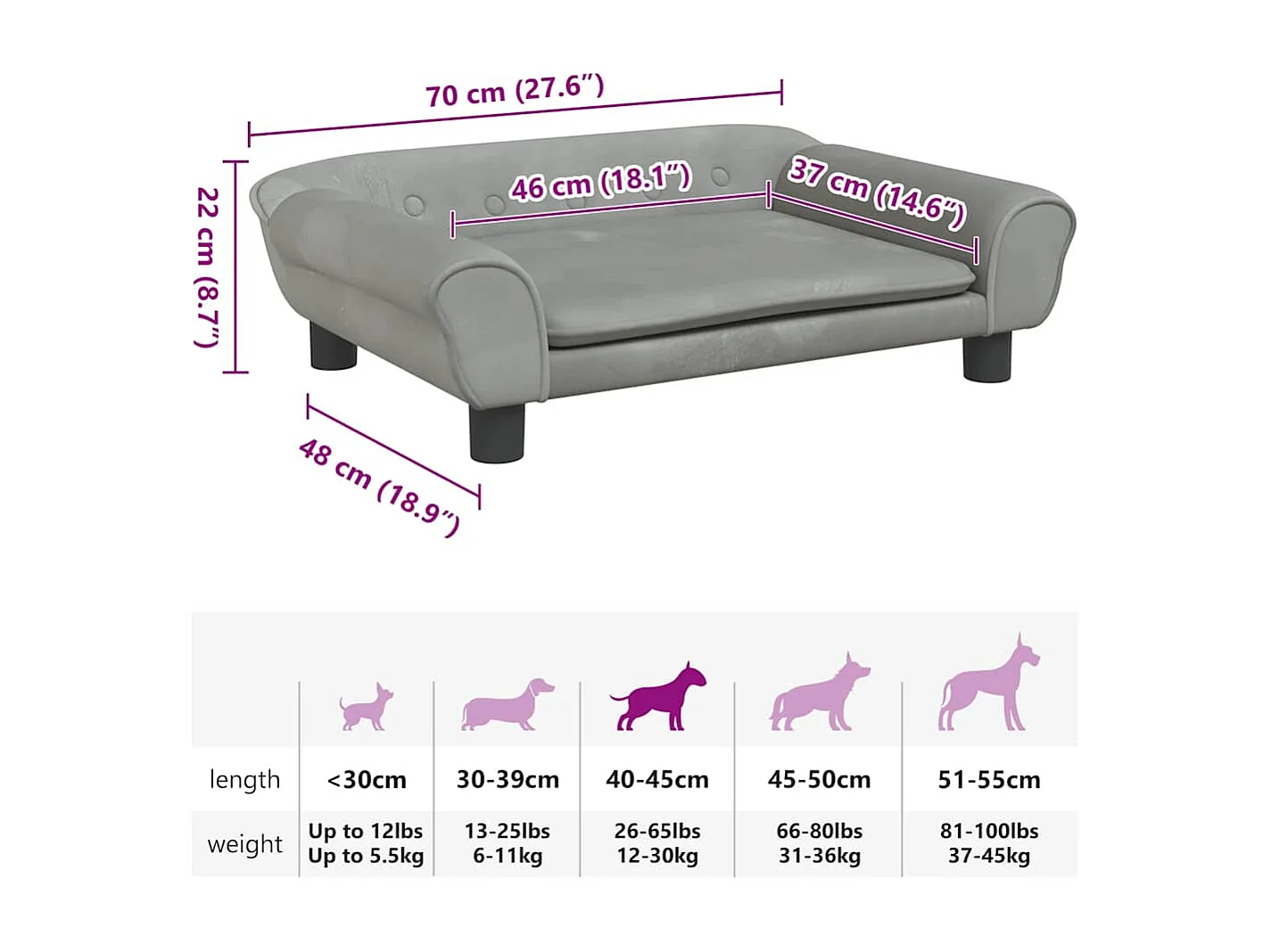 Hondenmand 70x48x22 cm fluweel lichtgrijs