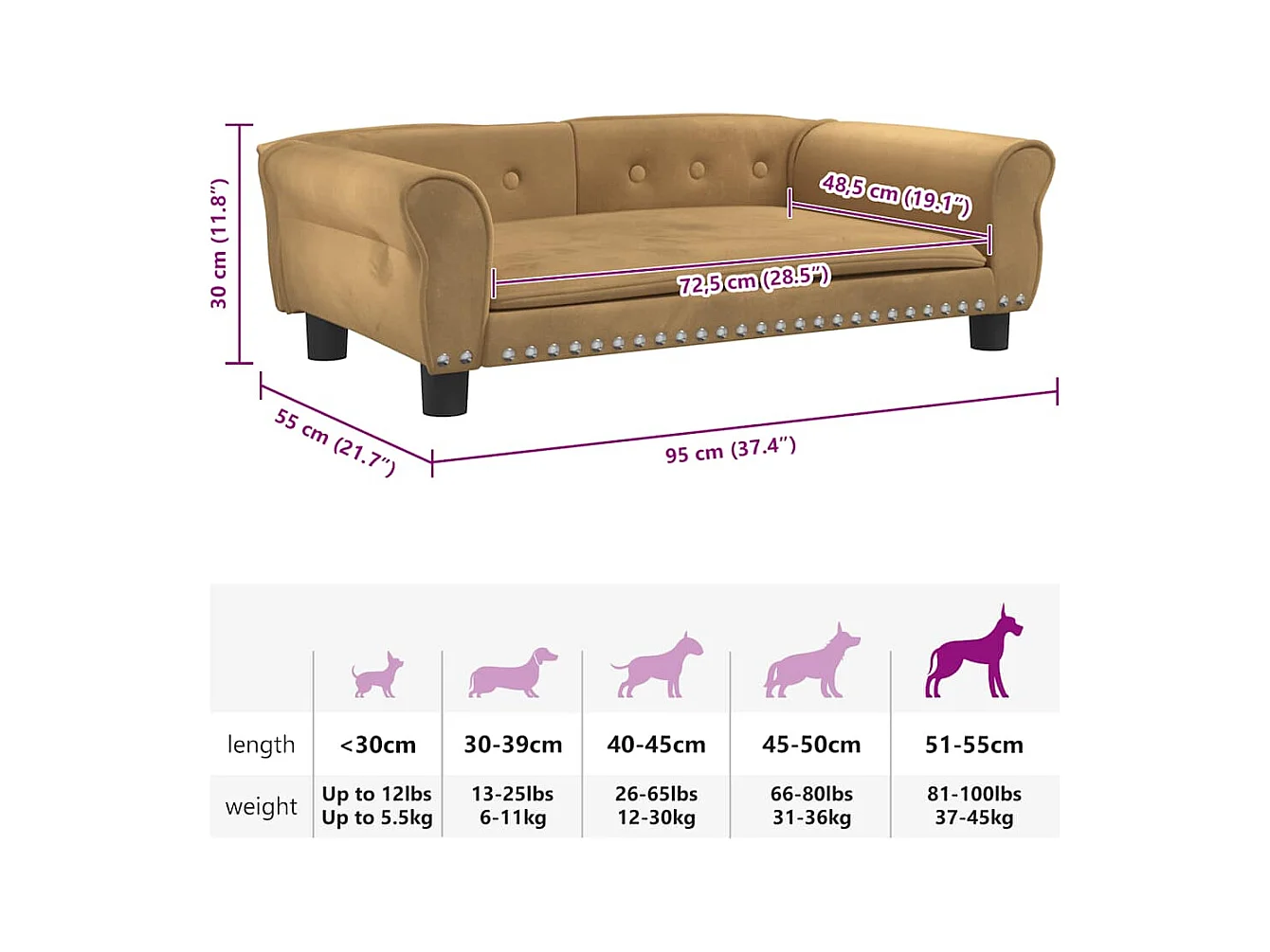 Cama para cães 95x55x30 cm veludo castanho