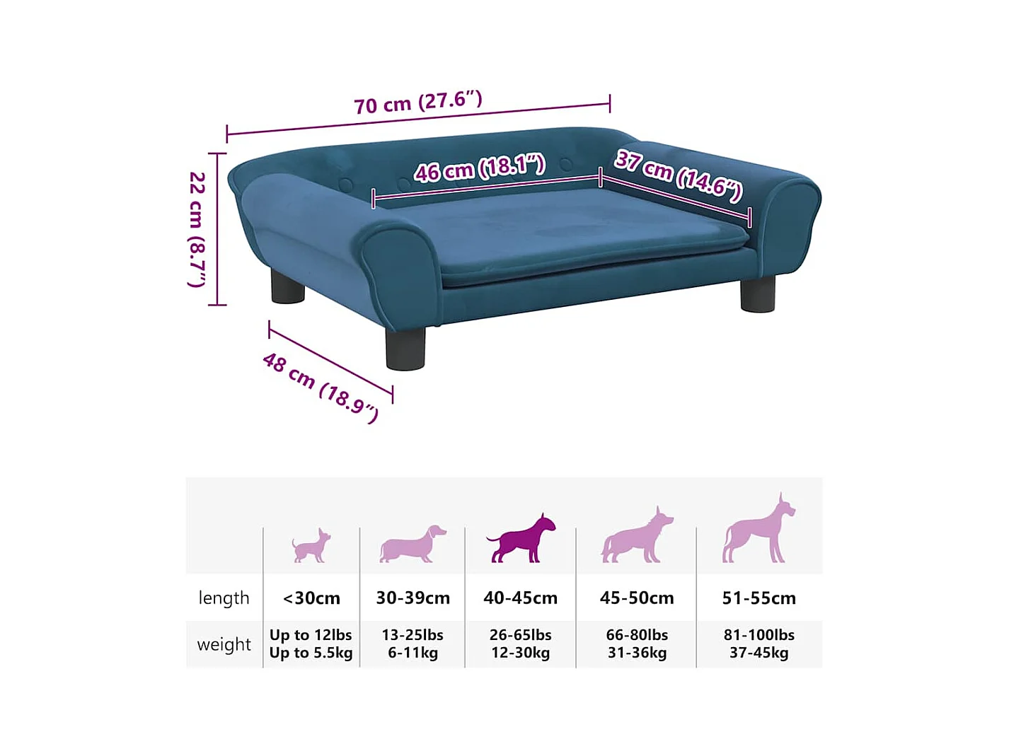 Cama para perros de terciopelo azul 70x48x22 cm