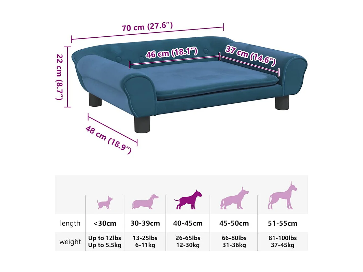 Lit pour chien bleu 70x48x22 cm velours